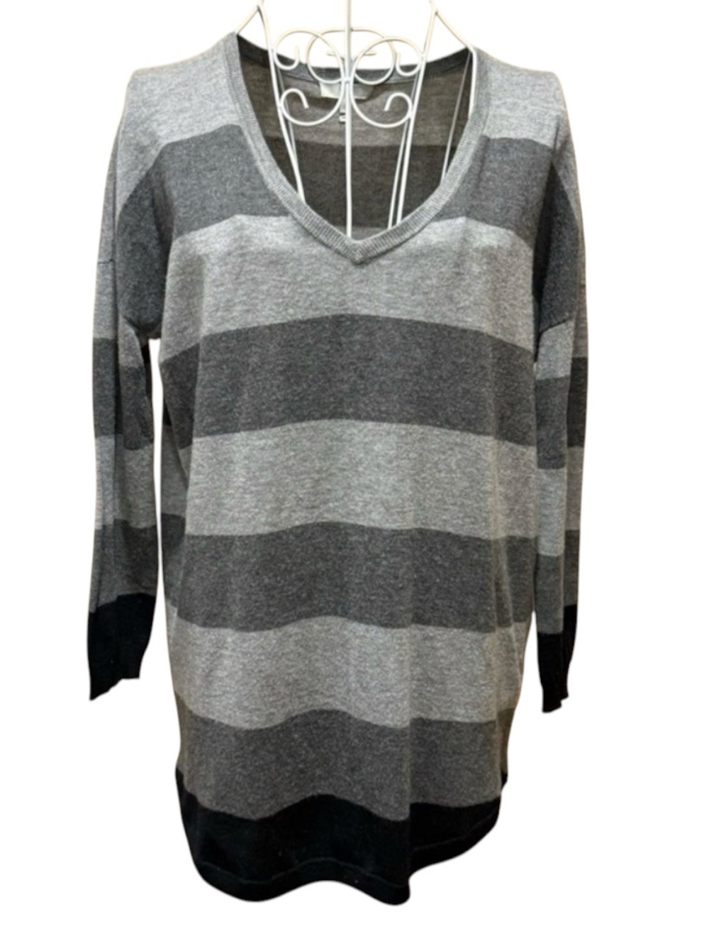 Joie Wool Cashmere Drop Shoulder V-Neck Gray Charcoal Stripe Pullover S